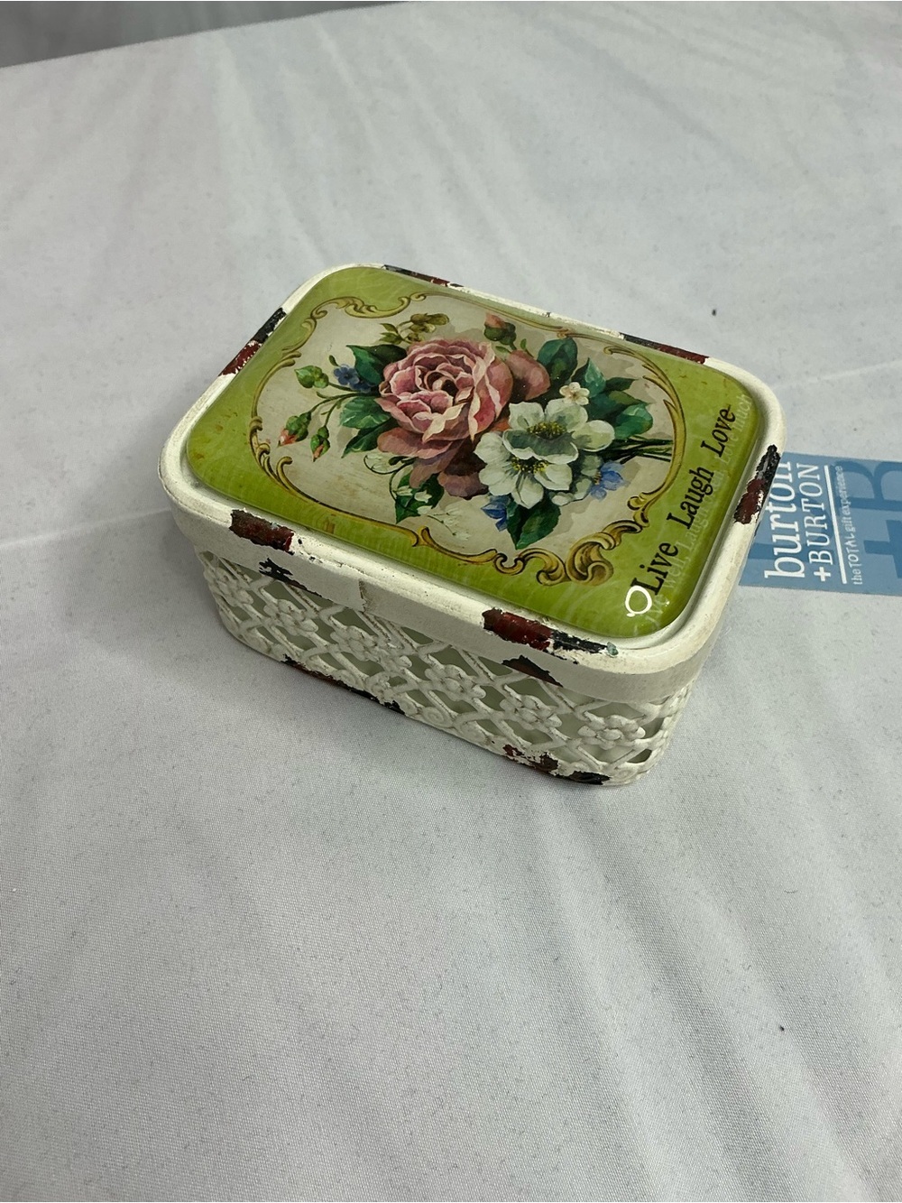 0007 - burton + BURTON White Floral Metal Trinket Box with Green Rose Lid - Picture 2 of 8
